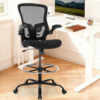 Drafting Chair, Ergonomic Tall Office Chair with Lumbar Support Standing Desk Stool with Flip-up Armrests Comfy High Office Desk Chair with Adjustable Foot Ring for Counter Height Desk, Black