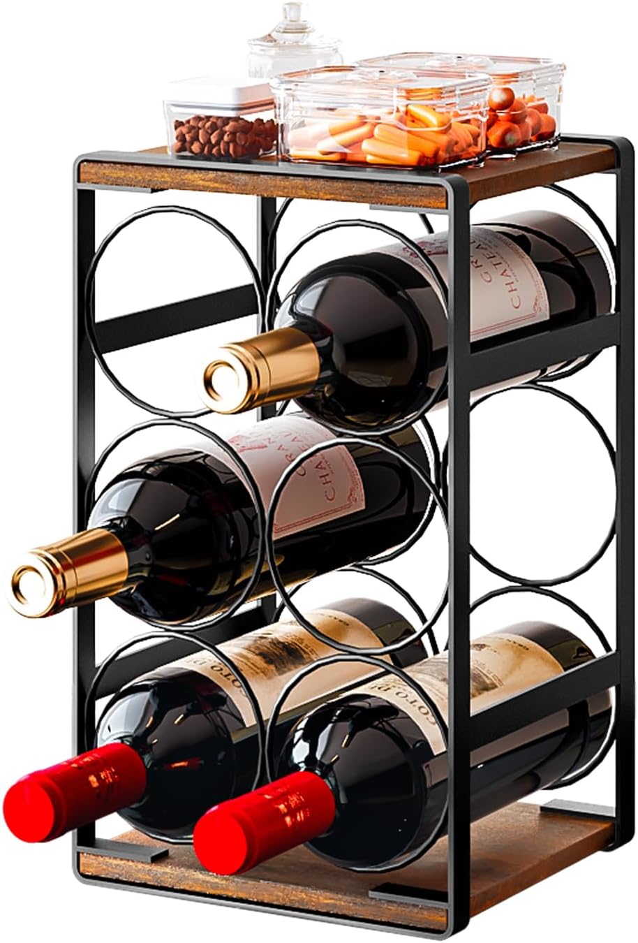 Wood Countertop Wine Rack No Need Assembly 6 Bottles Black + Rustic Brown