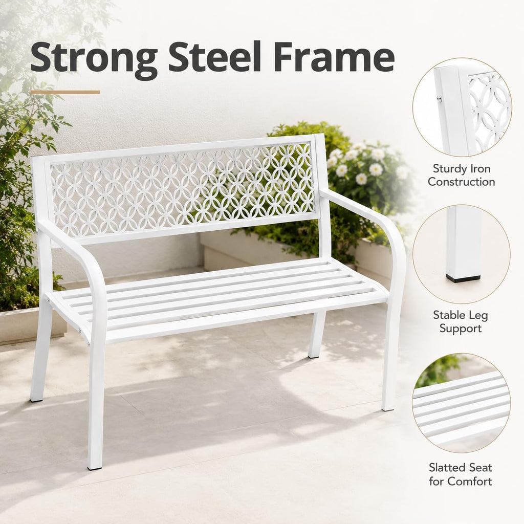 Heavy Duty White Metal Patio Garden Bench for 2 – 50" Wide, 790 lbs Capacity – Weather Resistant – Geometric Backrest & Slatted Seat – Porch, Deck, Entryway, Backyard Seating – White