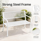 Heavy Duty White Metal Patio Garden Bench for 2 – 50" Wide, 790 lbs Capacity – Weather Resistant – Geometric Backrest & Slatted Seat – Porch, Deck, Entryway, Backyard Seating – White