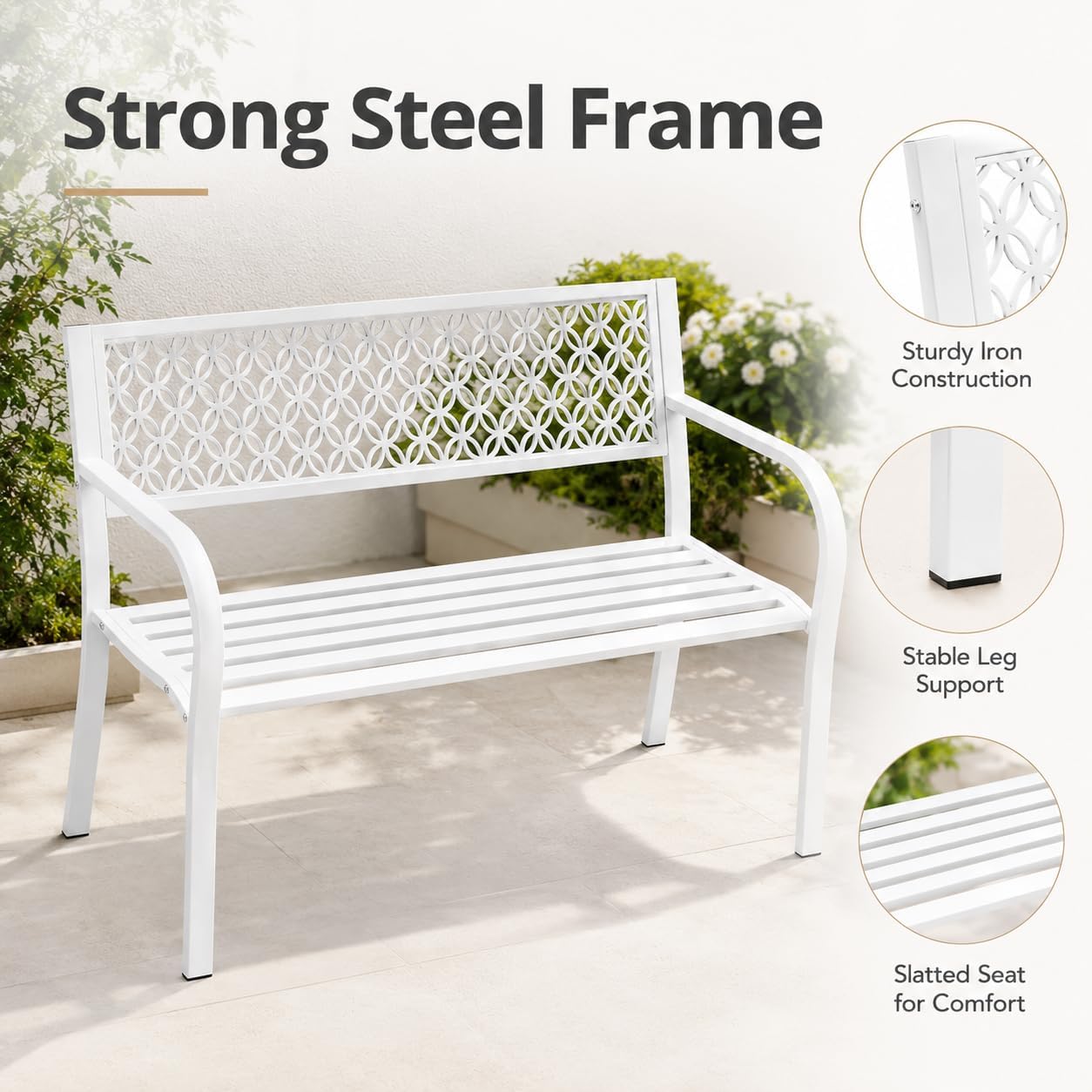 Heavy Duty White Metal Patio Garden Bench for 2 – 50" Wide, 790 lbs Capacity – Weather Resistant – Geometric Backrest & Slatted Seat – Porch, Deck, Entryway, Backyard Seating – White