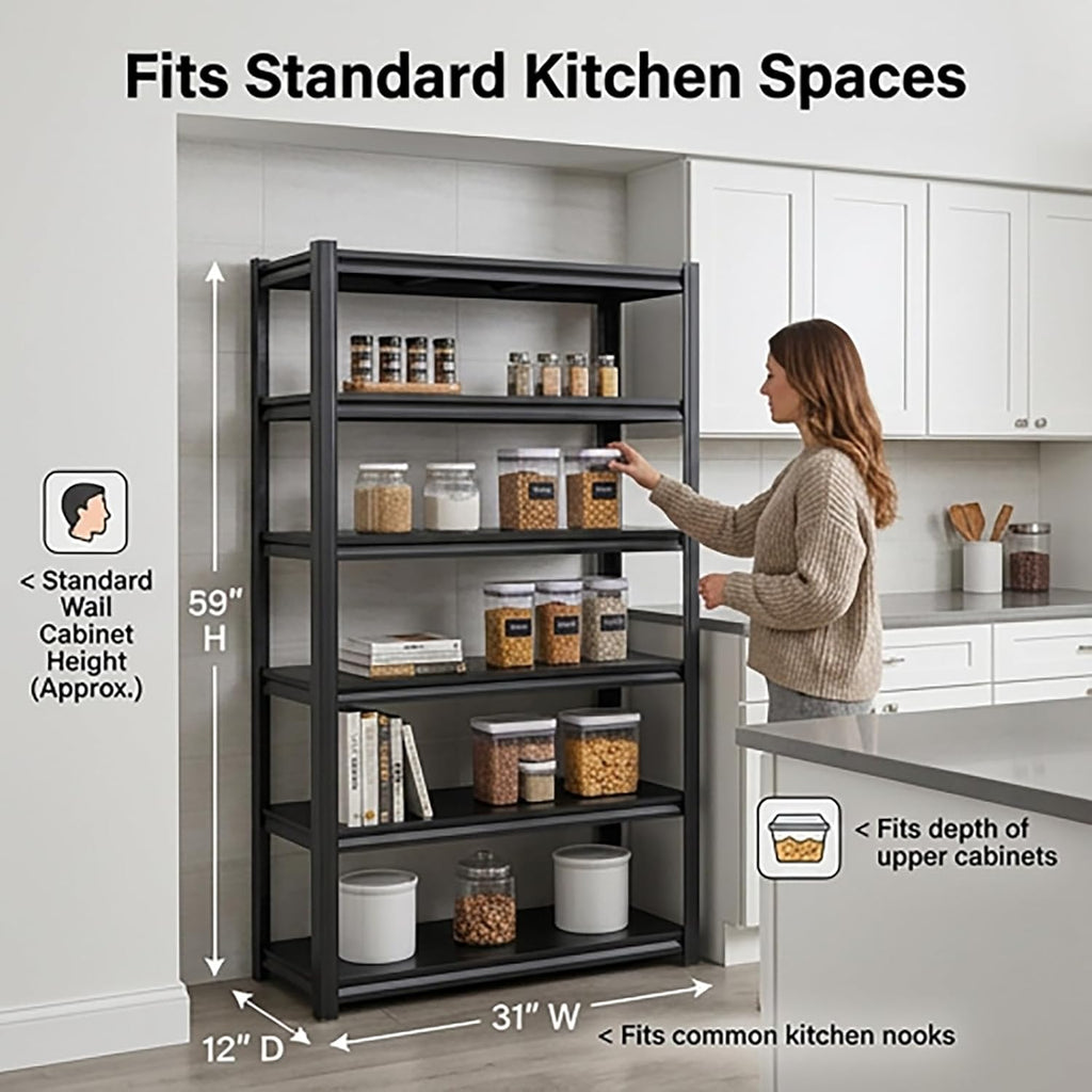 Kitchen Shelf Organizer & Pantry Shelving, 5-Tier Adjustable Metal Bakers Rack, Heavy Duty Storage Unit for Home Organization, Microwave Stand, Utility Rack for Closet (5-31"W X 12"D X 59"H)