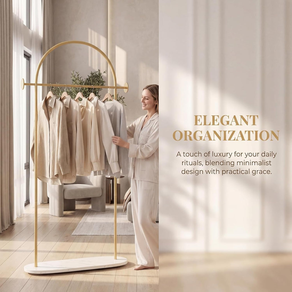 Modern Gold Coat Racks with Marble Base, Gold Clothing Racks with Shelves, Heavy Duty Clothes Rack Stand for Entryway, Bedroom, Living Room, Boutiques