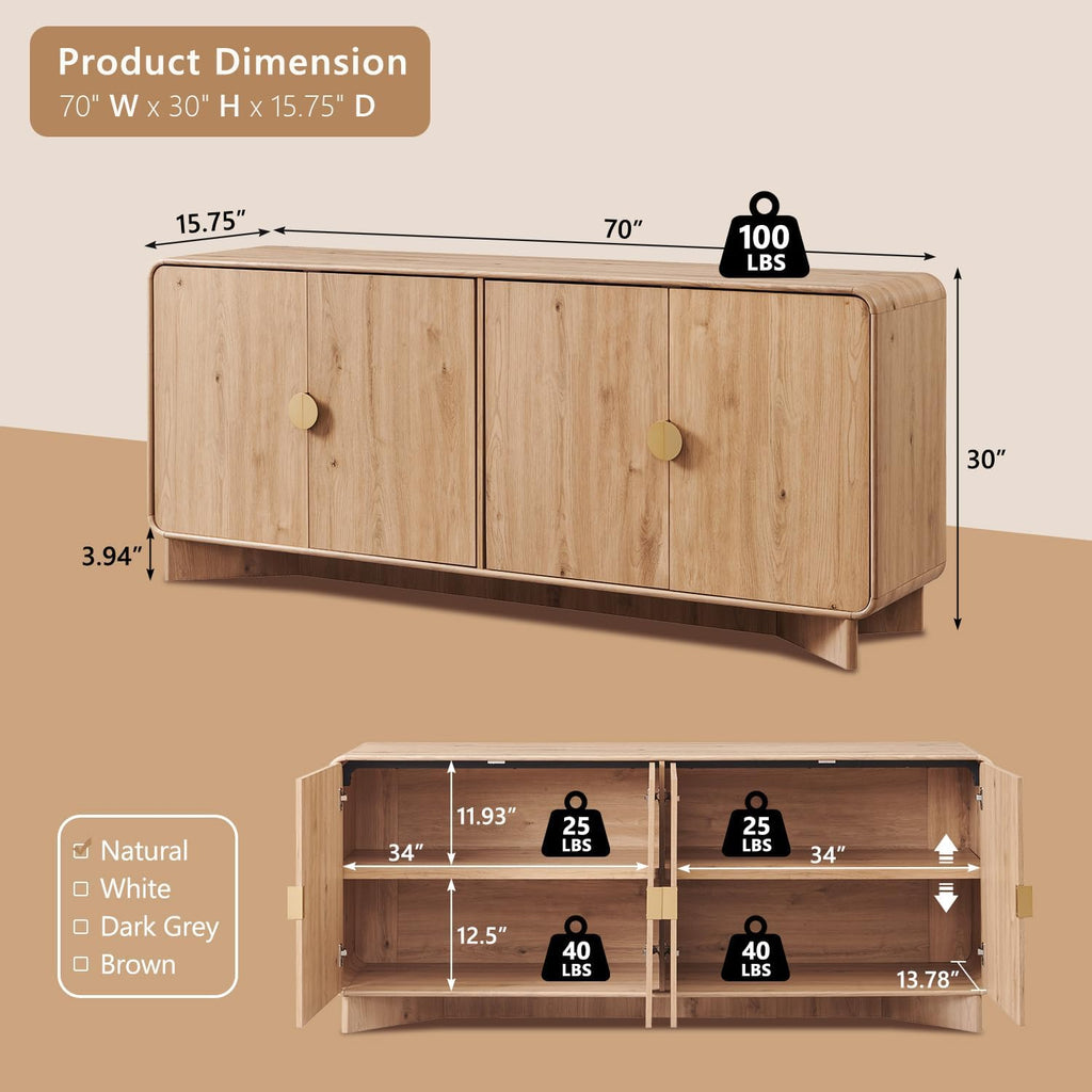 IFGET Modern Buffet Cabinet with Storage, 70" Large Sideboard Buffet Storage Cabinet with 4 Doors and Adjustable Shleves, Wooden Curved Coffee Bar for Dining Room, Kitchen, Living Room, Natural Oak