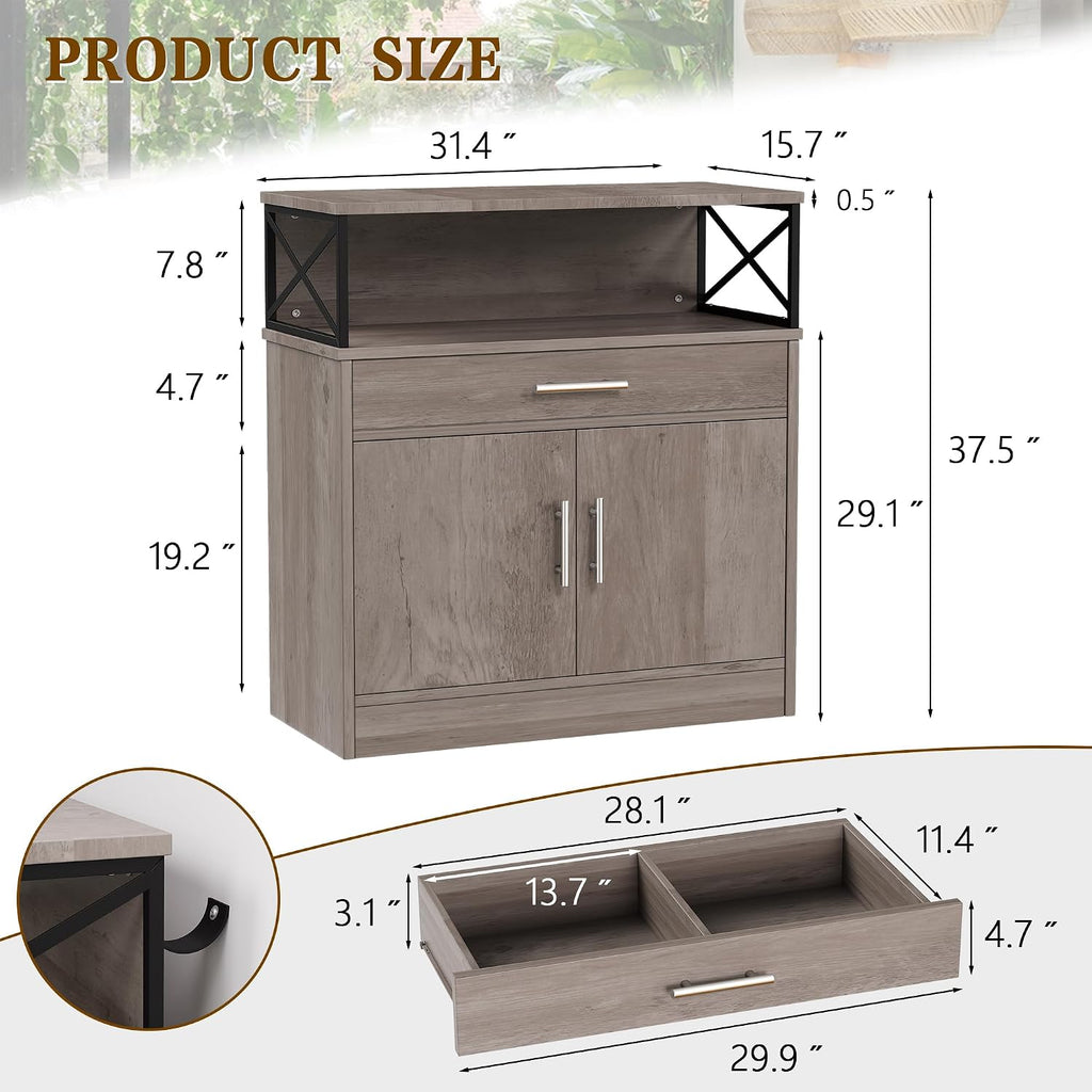 Buffet Cabinet, Coffee Bar Cabinet, Sideboard with Storage and Drawer, Farmhouse Storage Cabinets, Wooden Kitchen Cabinets for Living Room, Hallway, Ivory