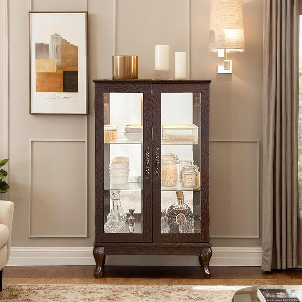 43" H Lighted Glass Curio Display Cabinet, 3-Tier Glass Storage Cabinet Curio Showcase with Adjustable Shelves,Wine Artwork Storage Rack with Mirrored Back Panel for Living Room (Dark Cherry)