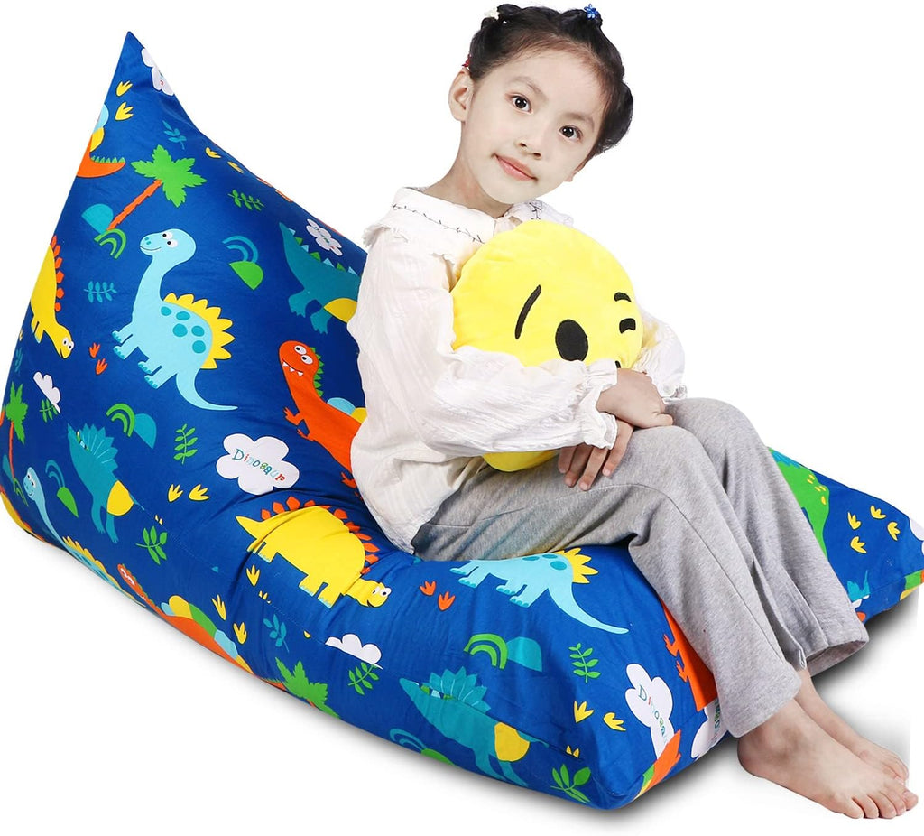 LOLOMLO Stuffed Animal Storage Bean Bag Chair Cover, Cotton Blue Dinosaur Plush Toy Storage Stuff and Sit Seat for Kids/Teens/Adults, 52" x 31" Extra Large Triangle Floor Sofa, 200L/52Gal, Cover Only