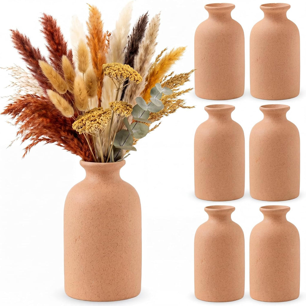 Maxdot Set of 6 Small Ceramic Rustic Vase 5" Modern Farmhouse Neutral Decorative Vase for Pampas Grass Bouquet & Dried Flowers Table Living Room Home Bedroom Boho Style Decor(Brown)