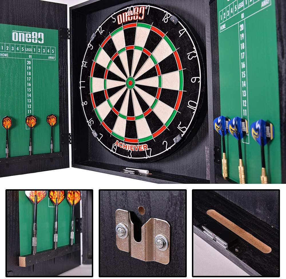 ONE80 All-in-One Dartgame Center with Self-Healing Sisal/Double-Sided Dartboard & Multifunctional Cabinet 6 Steeltip Darts and Mounting Kit Included