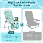 Portable Beach Chair for Adults, Lightweight Folding Lawn Chair with Cup Holder, Headrest, Side Pocket and Bottom Storage Bag, Camping Gear for Picnic Patio Sporting Events, 260 lbs, Green & Blue