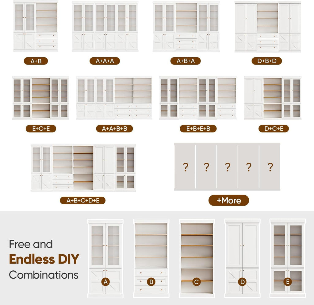 Vyre 70.8" Tall Farmhouse Modular Kitchen Pantry Cabinet, Wooden Storage Hutch with 6-Tier Adjustable Shelves, Set of 3, White