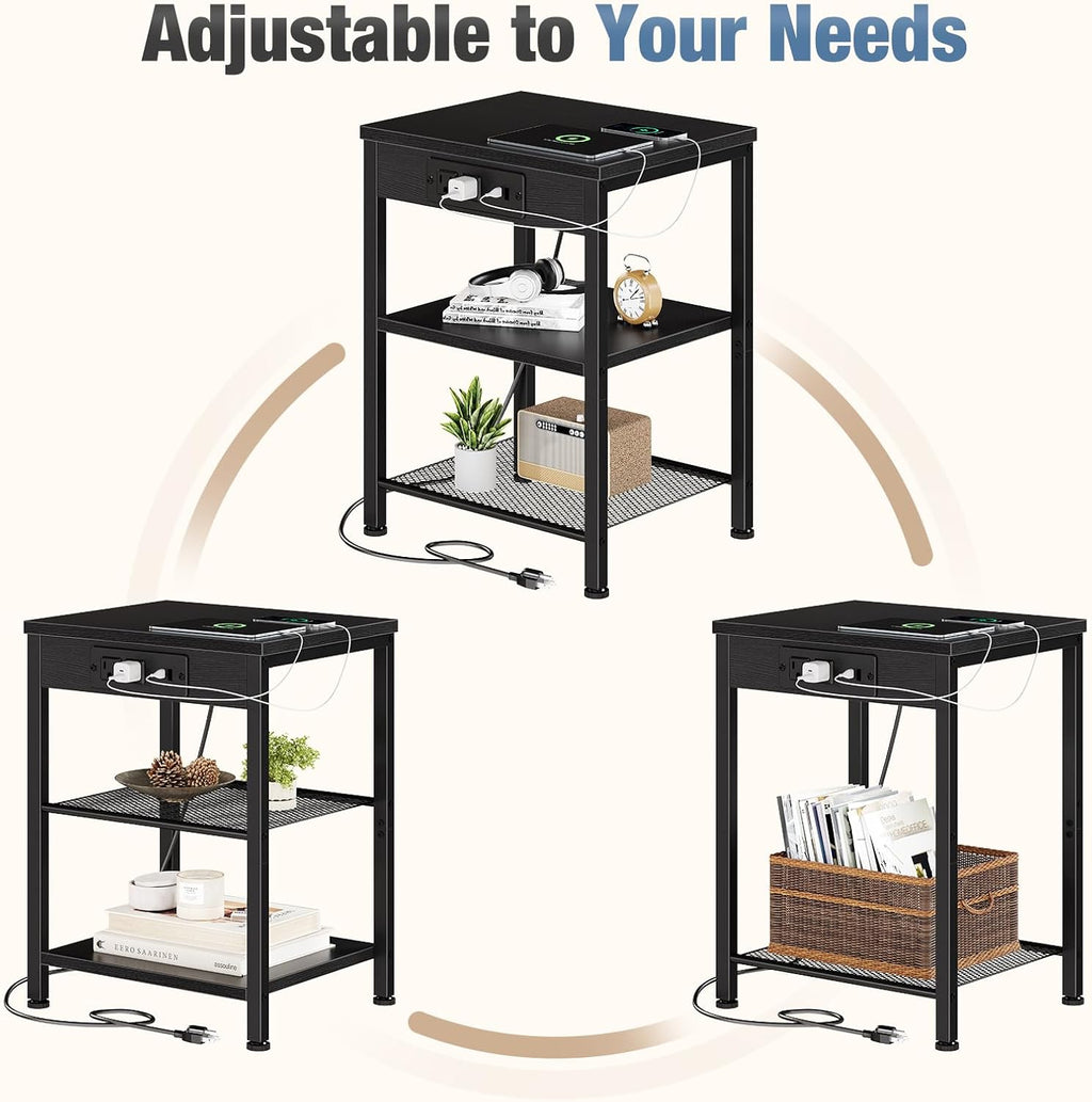 DUMOS 15.7" Small Side Table with Charging Station, End Table with Outlets & USB Ports, 3-Tier Adjustable Storage Nightstand for Living Room, Bedroom, Small Spaces, Record Player Stand, Black
