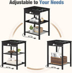 DUMOS 15.7" Small Side Table with Charging Station, End Table with Outlets & USB Ports, 3-Tier Adjustable Storage Nightstand for Living Room, Bedroom, Small Spaces, Record Player Stand, Black