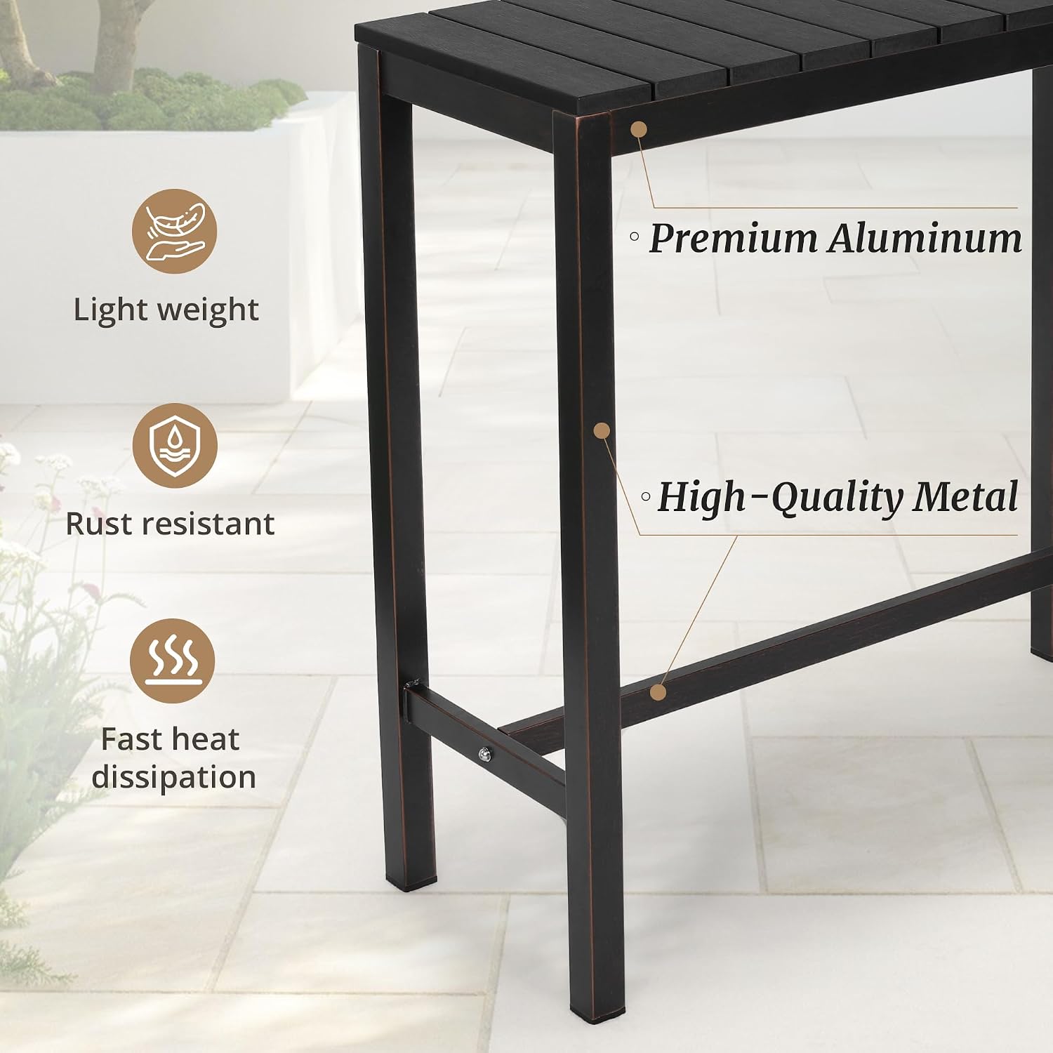 Cozyman Outdoor Bar Table, 45" Patio Bar Height Counter Console Table, Black Waterproof HDPS Slatted Top and Bronze Leg, Weather Resistant, Hot Tub, Balcony, Yard, Indoor or Outdoor Use