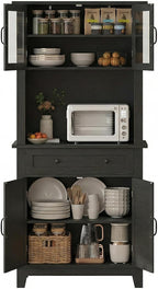 Garvee 72 in Tall Kitchen Pantry Cabinet, Kitchen Hutch Bar Cabinet with Microwave Stand, Cupboard with Drawers Glass Doors for Dining Room, Living Room, Dark Black