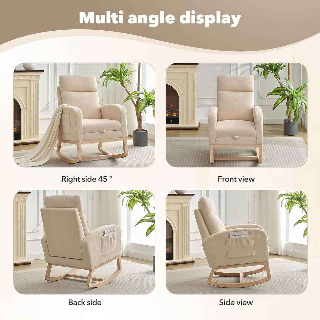 GarveeLife Nursery Rocking Chair,300lb Glider Chair with Solid Wood Legs/Two Side Pockets,Teddy Upholstered Glider Rocker with Footrest High Backrest for Living Room/Bedroom/Nursery