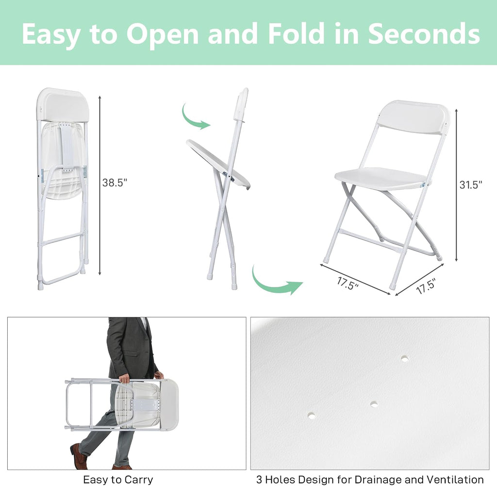 OLLODOT 50 Pack White Folding Chairs with 350-LBS Capacity, Lightweight Portable Indoor Outdoor Chairs, Stackable Commercial Seat with Steel Frame for Office, Party, Events, Wedding, Kitchen &Dinning