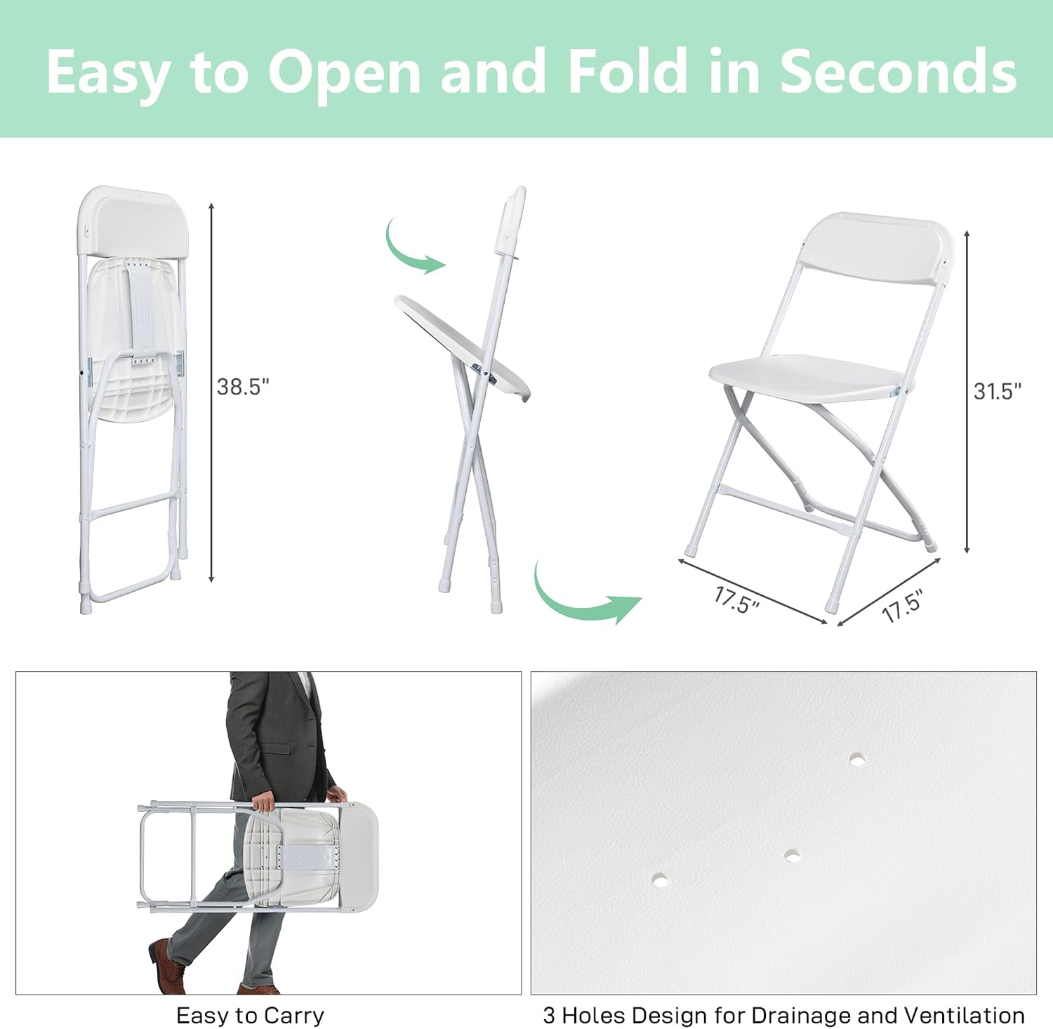 OLLODOT 50 Pack White Folding Chairs with 350-LBS Capacity, Lightweight Portable Indoor Outdoor Chairs, Stackable Commercial Seat with Steel Frame for Office, Party, Events, Wedding, Kitchen &Dinning