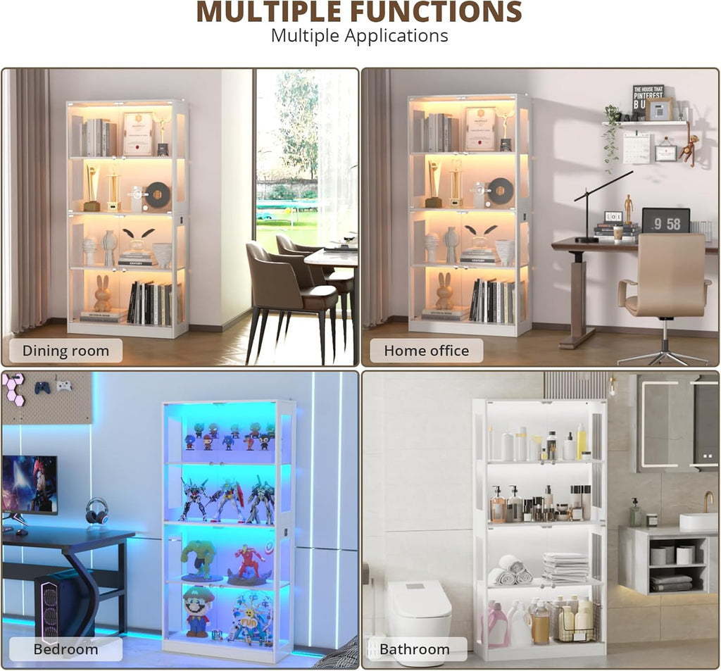 VOWNER 65'' Display Cabinet with Glass Door, 4-Tier Curio Cabinet for Collectibles Trophy, Glass Display Case with Human Body Sensor, 3 Color Lights, Bookcase Storage Cabinets for Living Room, Study