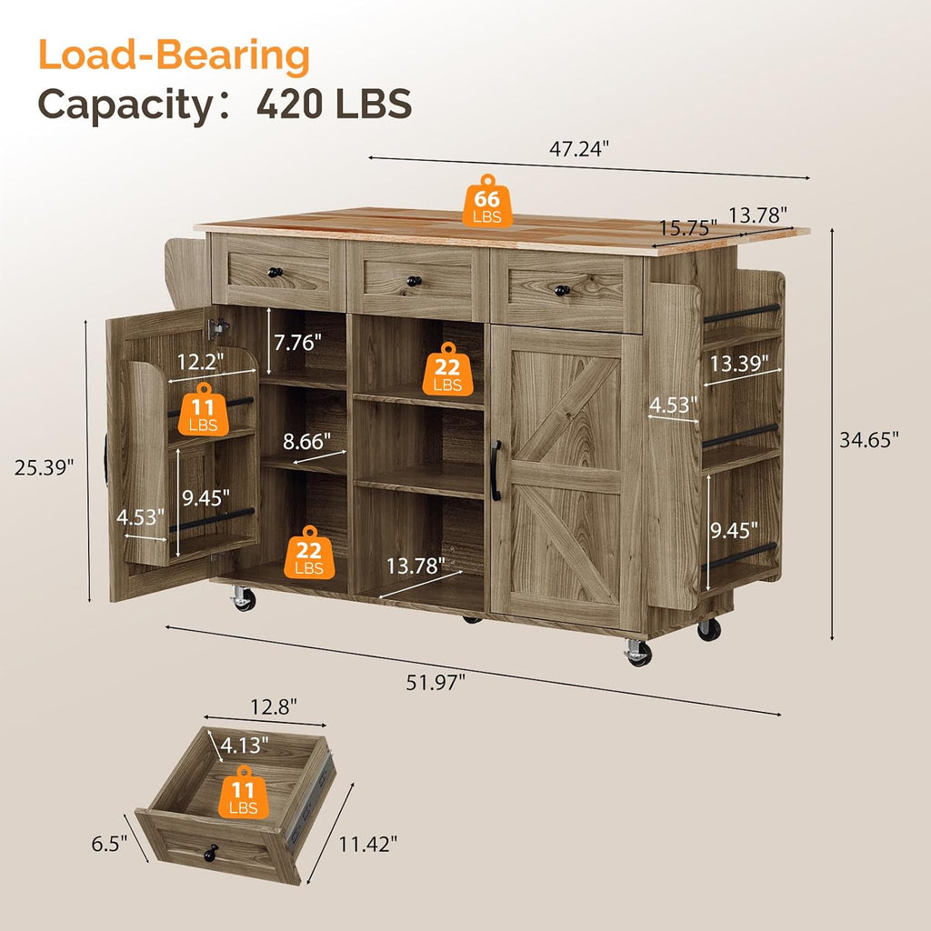 VINGLI Kitchen Island with Storage, 52" Rolling Kitchen Cart with 3 Drawers & Shelves, Drop Leaf Design, Mobile Island with Barn Doors, Towel & Spice Rack for Kitchen & Dining, Grey Brown Oak