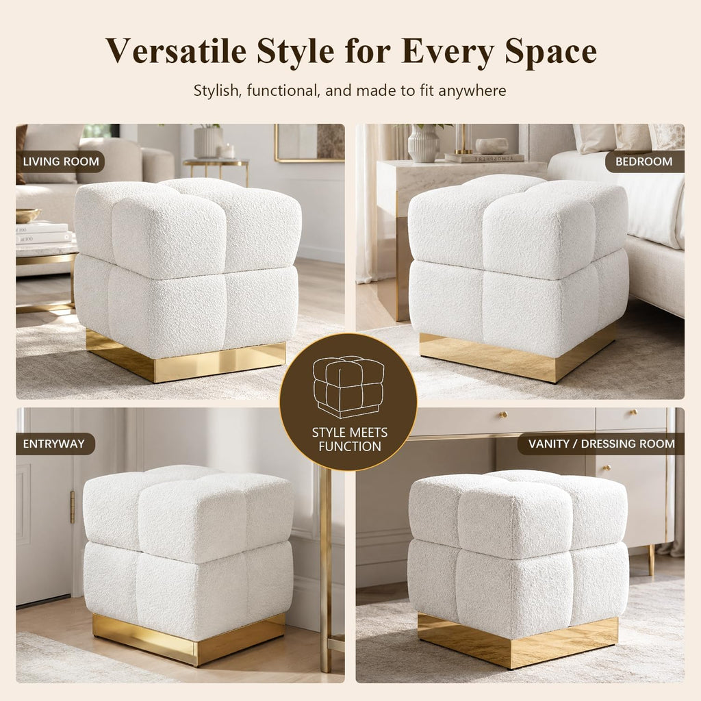 Boucle Storage Ottoman Stool, Modern Vanity Stool with Biscuit Tufting and Gold Stainless Steel Base, Square Ottoman Foot Stool for Living Room, Bedroom, Entryway, White