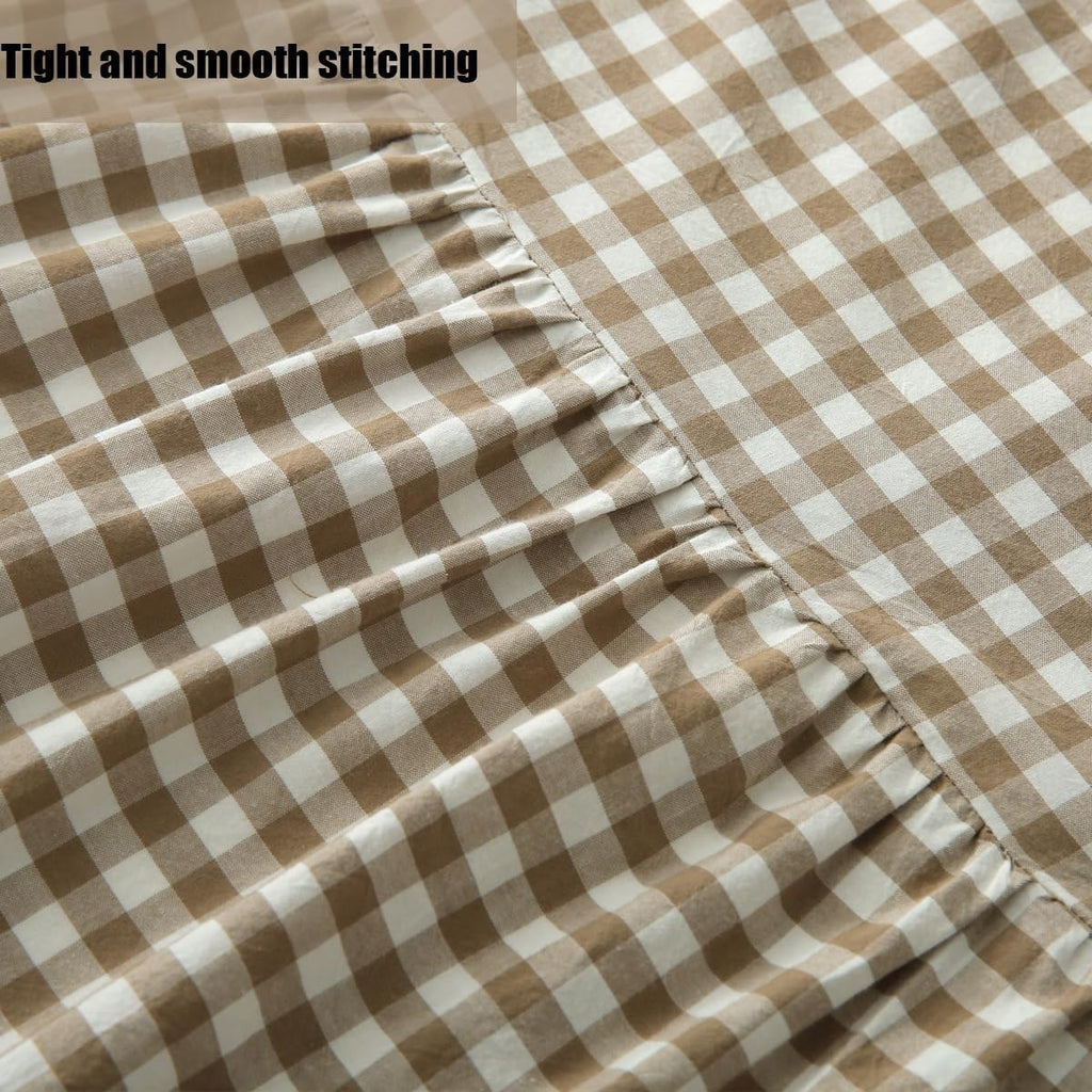 Silnuo Taupe/White Plaid Bed Skirt Washed Cotton Shabby Gingham Checkered Dust Ruffle King Size 14" Bedding(1 Bed Skirt Only)