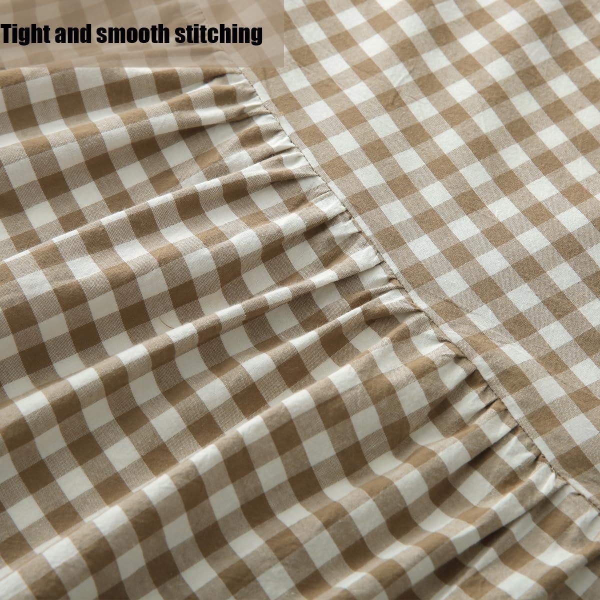 Silnuo Taupe/White Plaid Bed Skirt Washed Cotton Shabby Gingham Checkered Dust Ruffle King Size 14" Bedding(1 Bed Skirt Only)