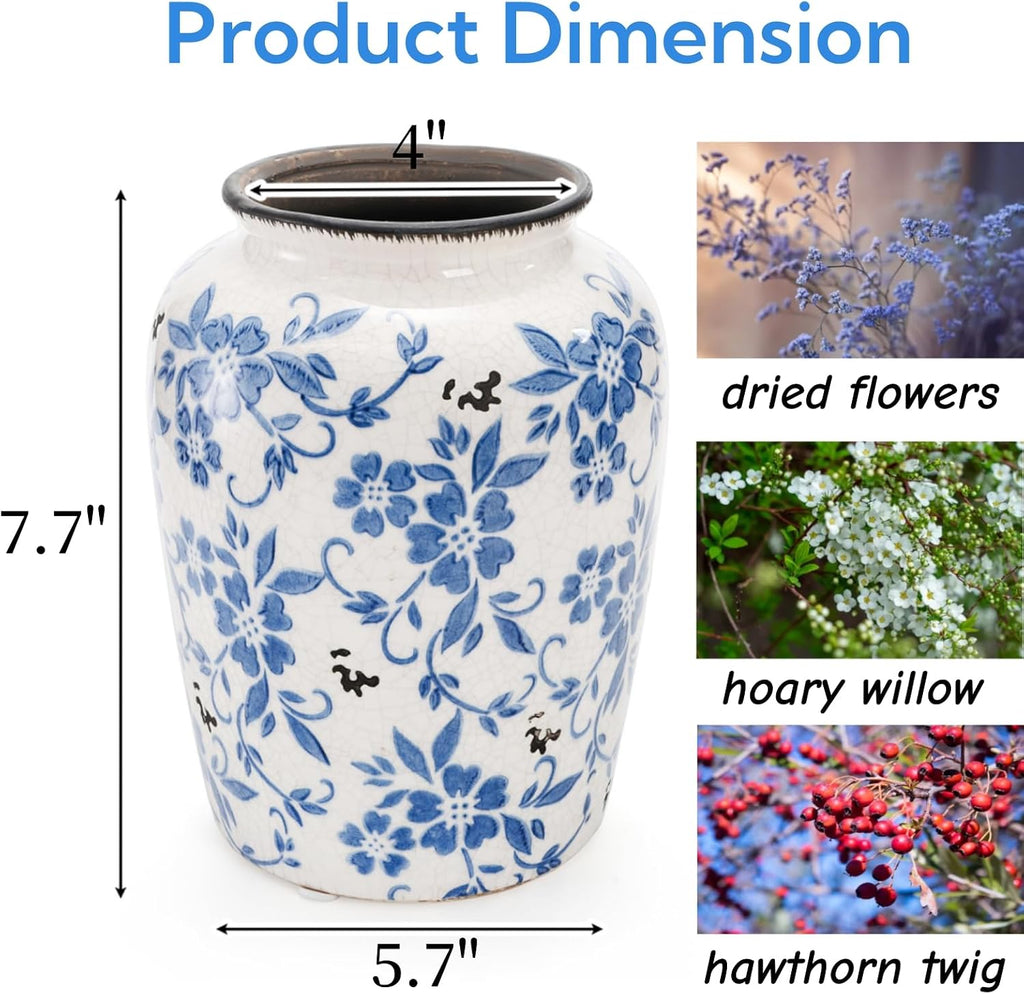 Goaste Vintage Blue and White Porcelain Vase, 7.7 Inch Chinoiserie Ceramic Flower Vase, Decorative Ice Crackle Pottery Vases, Handmade Oriental Floral Terracotta for Home Decor, Table Centerpiece