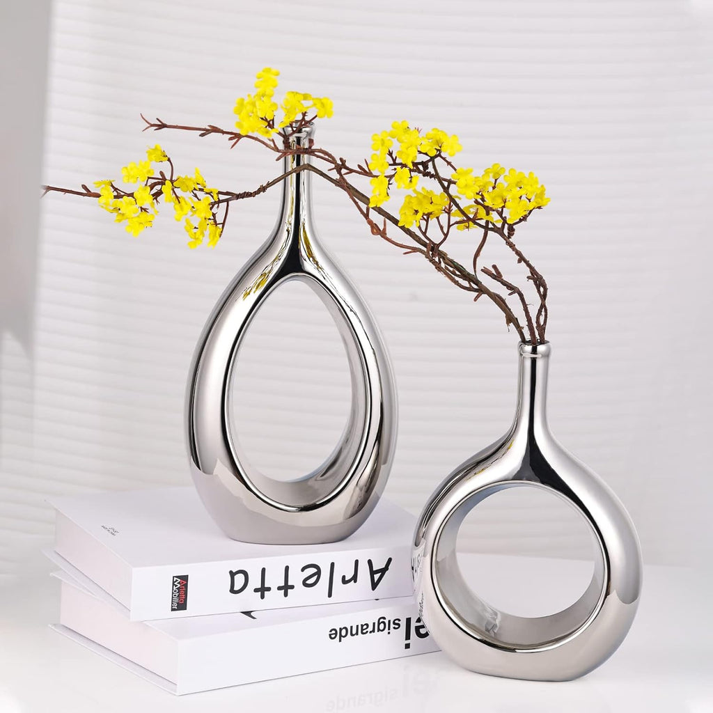 Glossy Silver Vase Ceramic Silver Vases Home Decor,Modern Minimalist Circle with Hole Decorative Vase, Hollow Ellipse Flower vases for Bookshelf, Fireplace Mantle, Centerpieces,Farmhouse,Rustic Décor