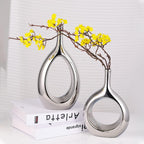 Glossy Silver Vase Ceramic Silver Vases Home Decor,Modern Minimalist Circle with Hole Decorative Vase, Hollow Ellipse Flower vases for Bookshelf, Fireplace Mantle, Centerpieces,Farmhouse,Rustic Décor