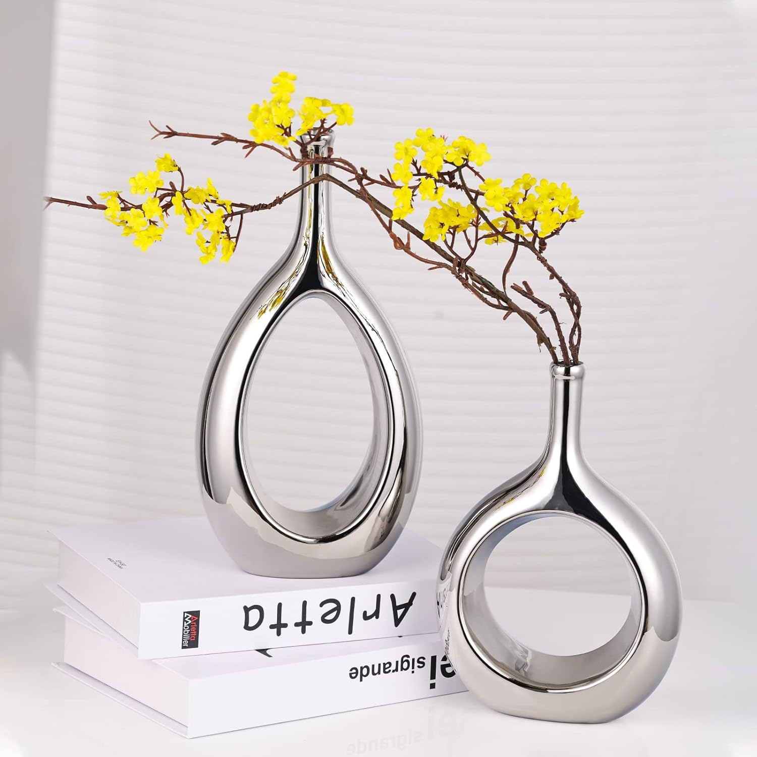 Glossy Silver Vase Ceramic Silver Vases Home Decor,Modern Minimalist Circle with Hole Decorative Vase, Hollow Ellipse Flower vases for Bookshelf, Fireplace Mantle, Centerpieces,Farmhouse,Rustic Décor
