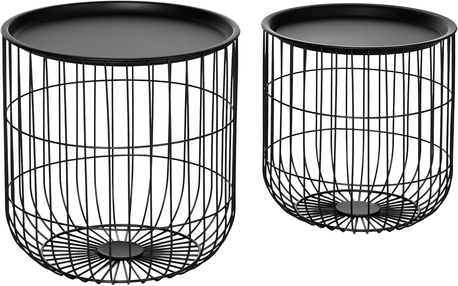 HOMCOM Nesting Coffee Tables, Round Coffee Table Set of 2 with Steel Wired Basket Body and Removable Top, Stacking End Tables Blanket Storage for Living Room, Black