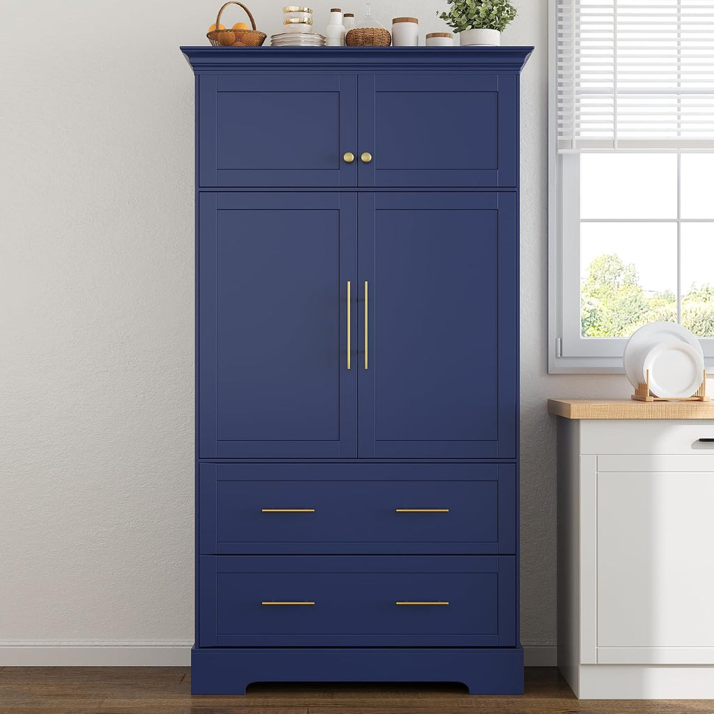 Polibi Farmhouse Freestanding Kitchen Pantry Cabinet, 40" Wide 4-Door Storage with Pull-Out Trays, Drawers & Cake Pan Organizer, Shaker Style in Blue