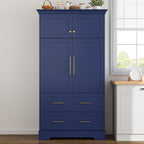 Polibi Farmhouse Freestanding Kitchen Pantry Cabinet, 40" Wide 4-Door Storage with Pull-Out Trays, Drawers & Cake Pan Organizer, Shaker Style in Blue