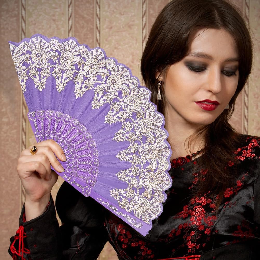 CREATCABIN Blue Violet Handheld Folding Fan for Women Foldable Chinese Japanese Vintage Fan Plastic Embroidered Flower Flapper Hand for Party Wedding Church Dancing Show Decoration 23x42cm