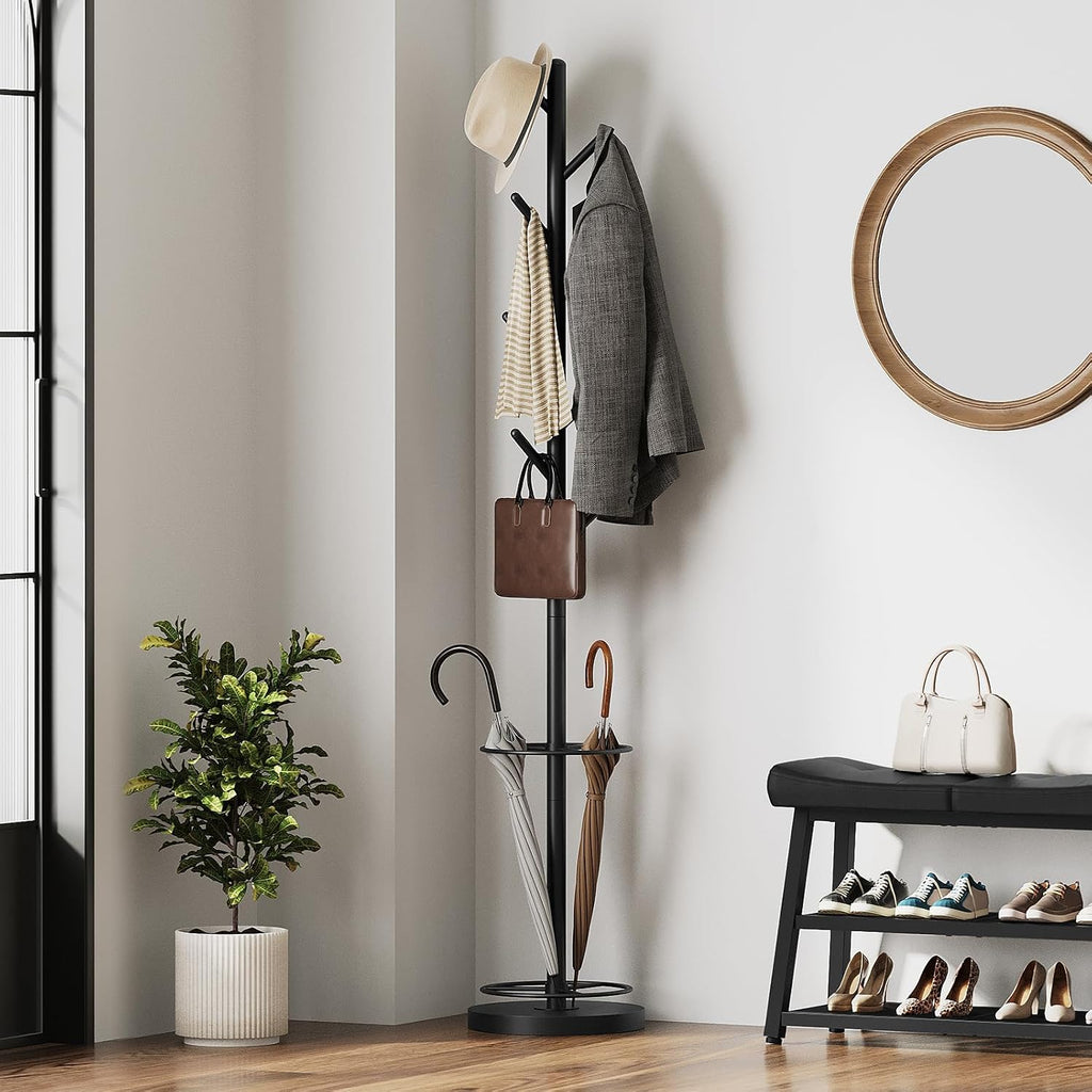 YATINEY Coat Rack Freestanding with Umbrella Holder, Coat Rack Stand with 8 Hooks, Heavy Duty Coat Tree for Entryway, Modern Clothing Rack, Metal Coat Hanger Stand for Bedroom, Office, Black YM03BB