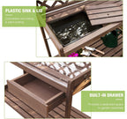 Outdoor Potting Bench, Wooden Garden Workstation Table w/Drawer, Open Shelf, Lower Storage- Extra PVC Layer