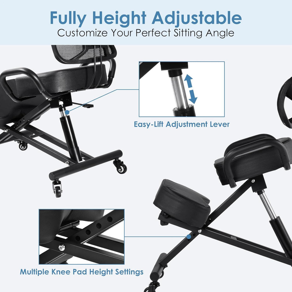 Ergonomic Kneeling Chair with Backrest & Lumbar Support, Adjustable Height Desk Chair with Wheels & Thick Cushion, Ideal for Office & Work from Home, Support Upright Sitting & Relieve Back Pain