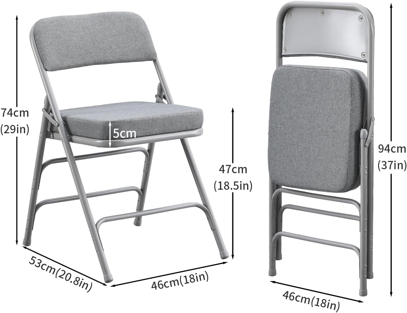 BOOSDEN Padded Folding Chair 2 Pack, Heavy Duty Fold Up Chair with Thick Cushion, Upholstered Fabric Seat, Comfy Foldable Chair, Metal Folding Dining Chair for Indoor Outdoor, Office, Home, Party,Grey