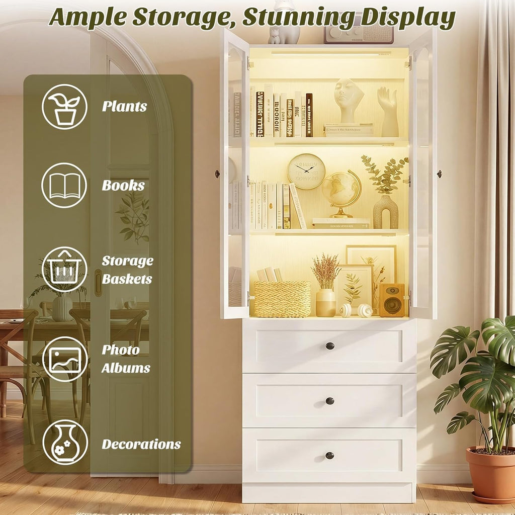 Cyclysio 80" Tall Pantry Cabinet, Kitchen Storage Cabinet with 3 Motion Sensor LED Lights, Arched Glass Doors, 3 Drawers, 3.15" Baseboard Cutout, White Pantry for Dining Room, Living Room