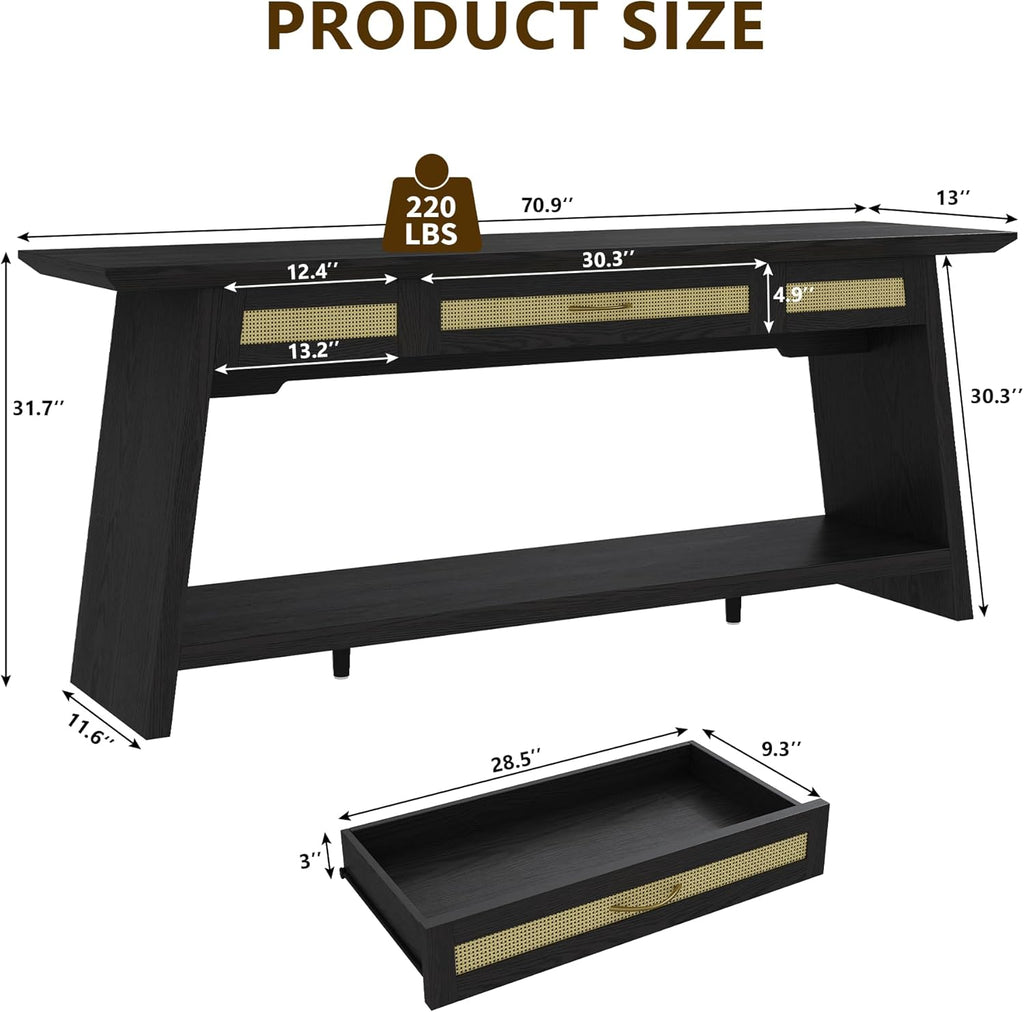 iPormis 70.9 Inches Rattan Entryway Table with Drawer, Narrow Long Console Table Behind Sofa, Modern Entry Accent Hallway Table for Living Room, Behind Couch, Entrance, Black