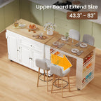 Expandable Kitchen Island with Storage Drawer and Wheels, White | Rubberwood top expands 48.4"-82.6". Spacious drawer, 2 cabinets, 2 shelves, spice rack & towel bar. Lockable casters.