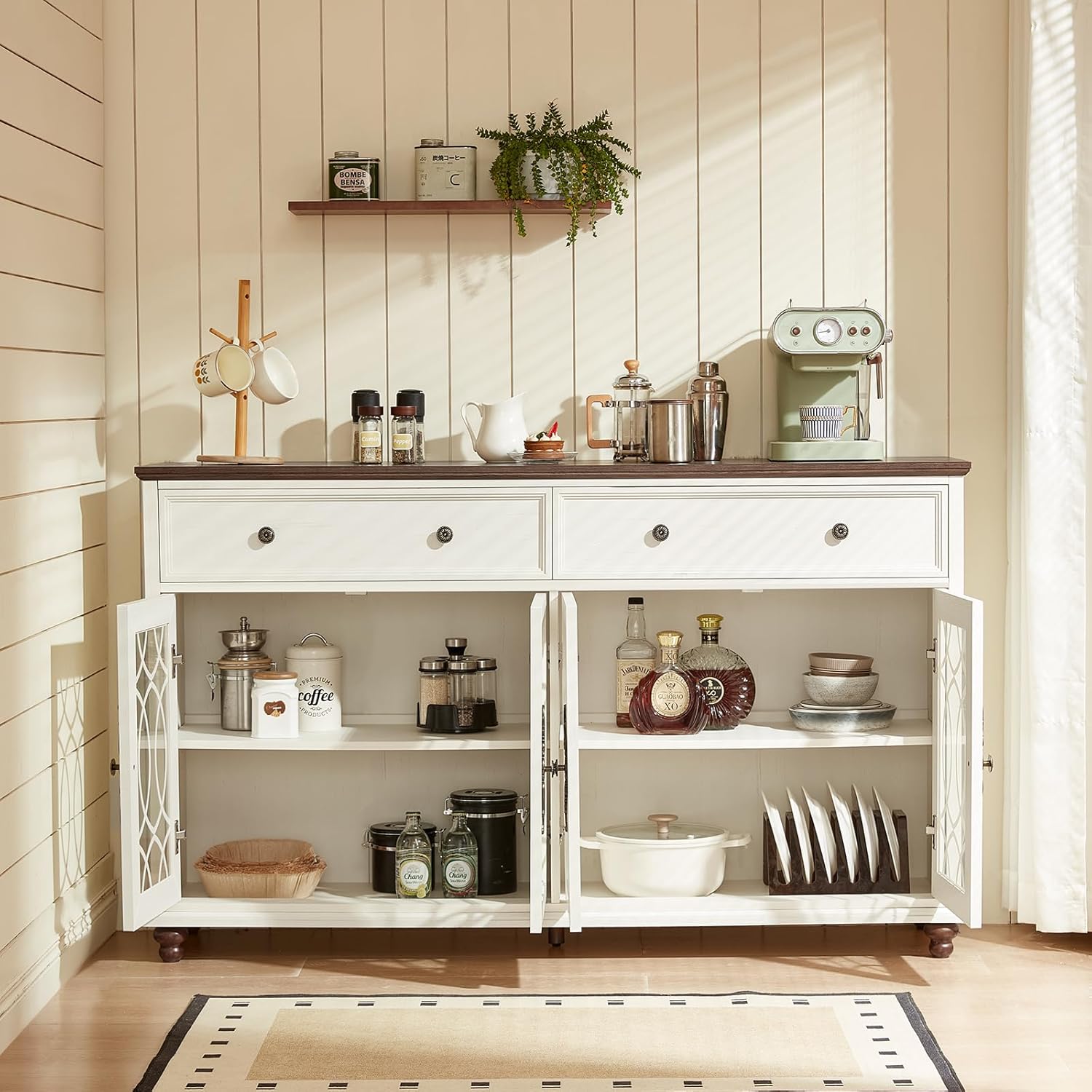 Joaxswe Farmhouse Sideboard Buffet Cabinet with Storage,59" Large Credenza with 4 Glass Doors & 2 Drawers, Wood Kitchen Coffee Bar, Adjustable Shelves Console Table for Dining Room,Living Room,White