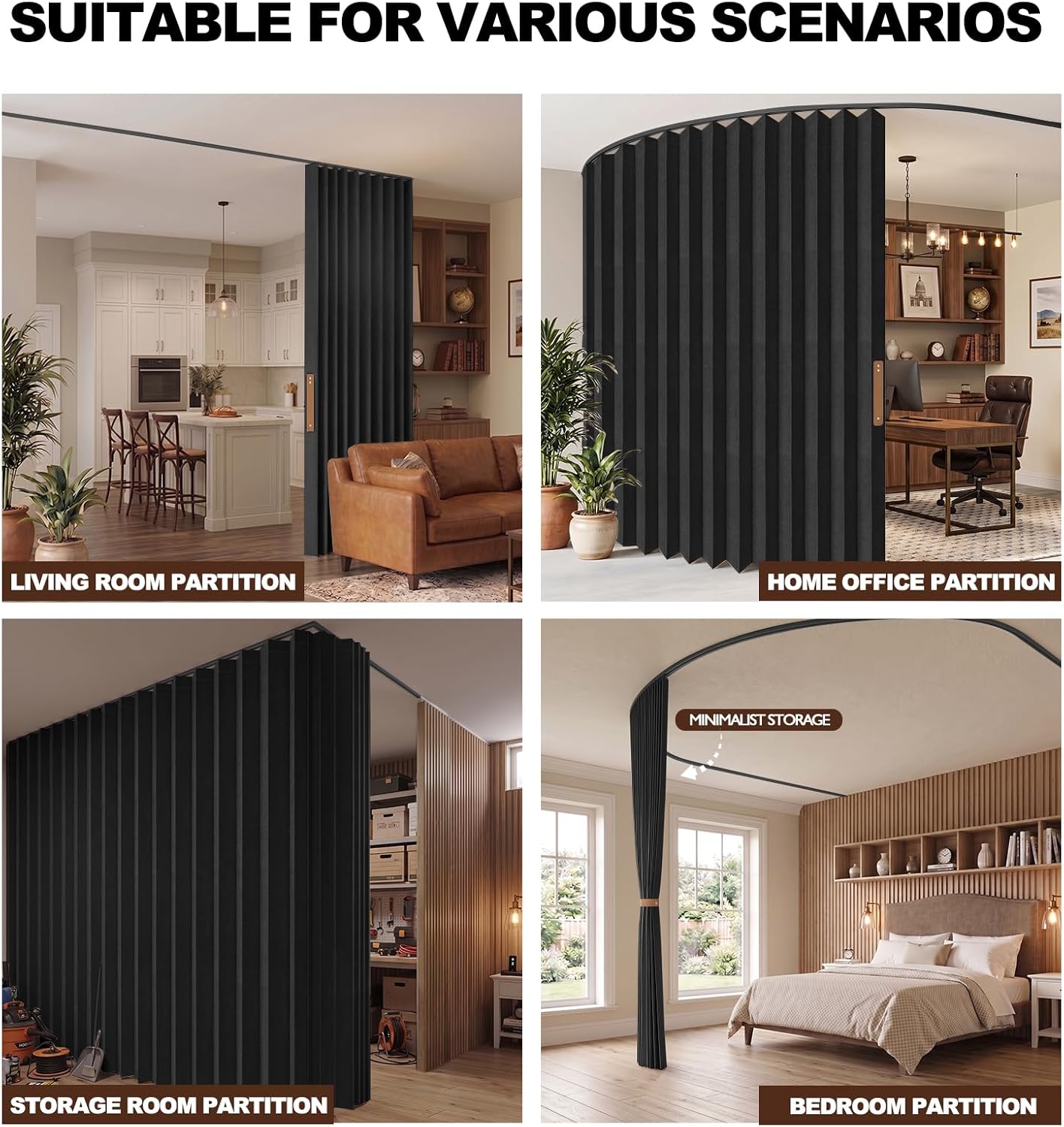 JILRON Accordion-Style Room Divider with Ceiling Track - Foldable Partition Curtain, Easy Installation(Black 100" W x 84" L-Pack of 1)
