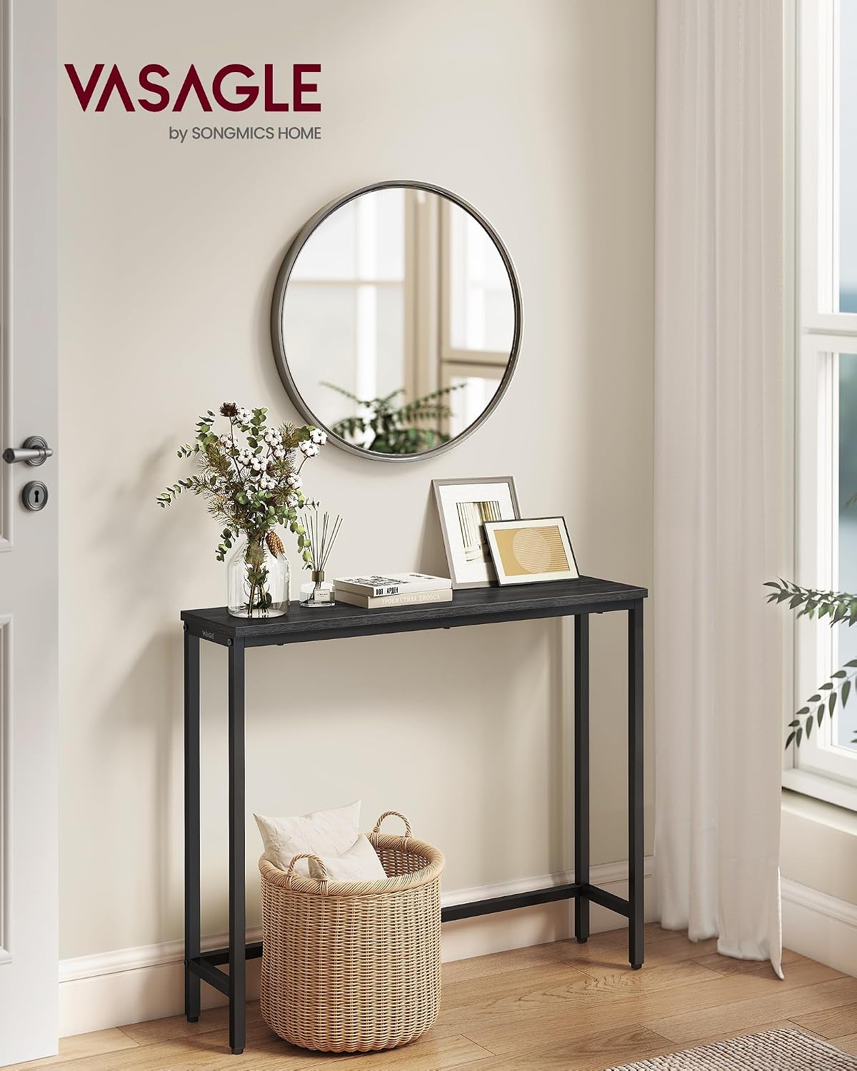 VASAGLE BARNET Collection - Console Table, Thin Narrow Entryway Doorway Table, One Piece Top, for Hallway Bedroom, Steel Frame, Modern, 1 Tier, Charcoal Gray and Ink Black ULNT035BA01S