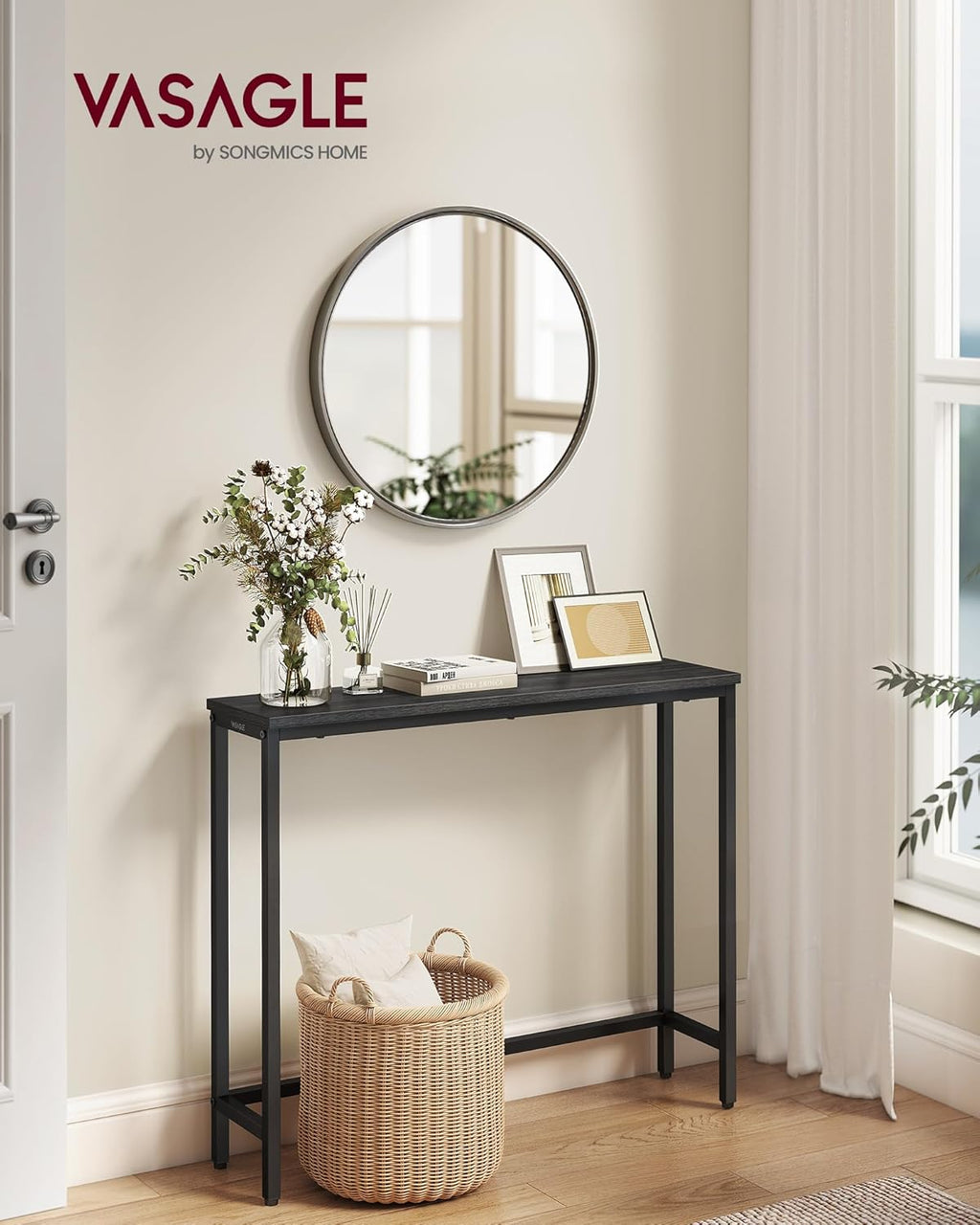 VASAGLE BARNET Collection - Console Table, Thin Narrow Entryway Doorway Table, One Piece Top, for Hallway Bedroom, Steel Frame, Modern, 1 Tier, Charcoal Gray and Ink Black ULNT035BA01S