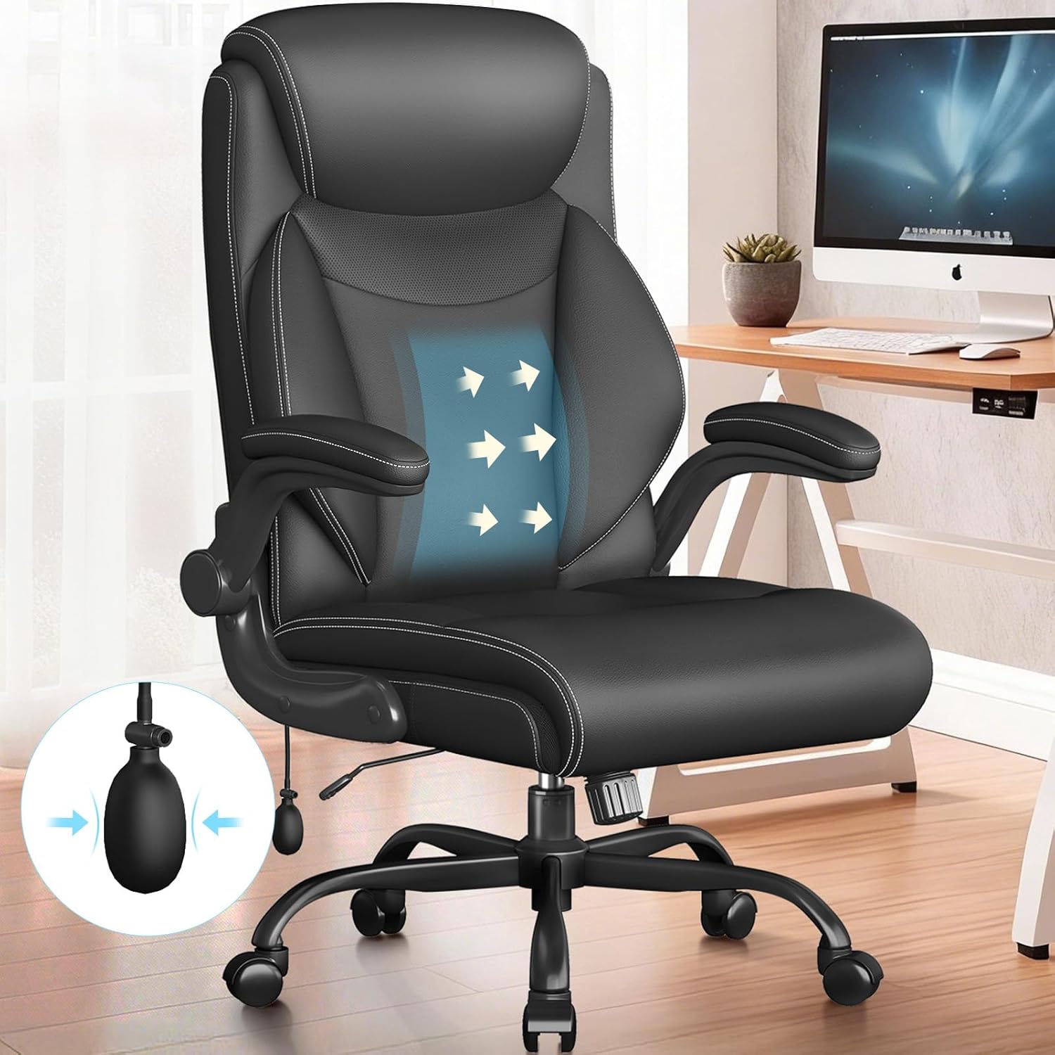Ergonomic Office Chair, Big and Tall Office Chair, Executive Chair- Padded Leather Comfy Chair with Adjustable Lumbar Support & Flip-Up Arms, Rocking Swivel Chair for Home Office,Black