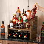 4-Tier Wood Display Shelf Wine Rack for 16 Bottles Wood Coffee Syrup Organizer with Handles Home Whiskey Shelf Retro Mini Liquor Cabinet Spice Rack Coffee Bar Shelves, Walnut