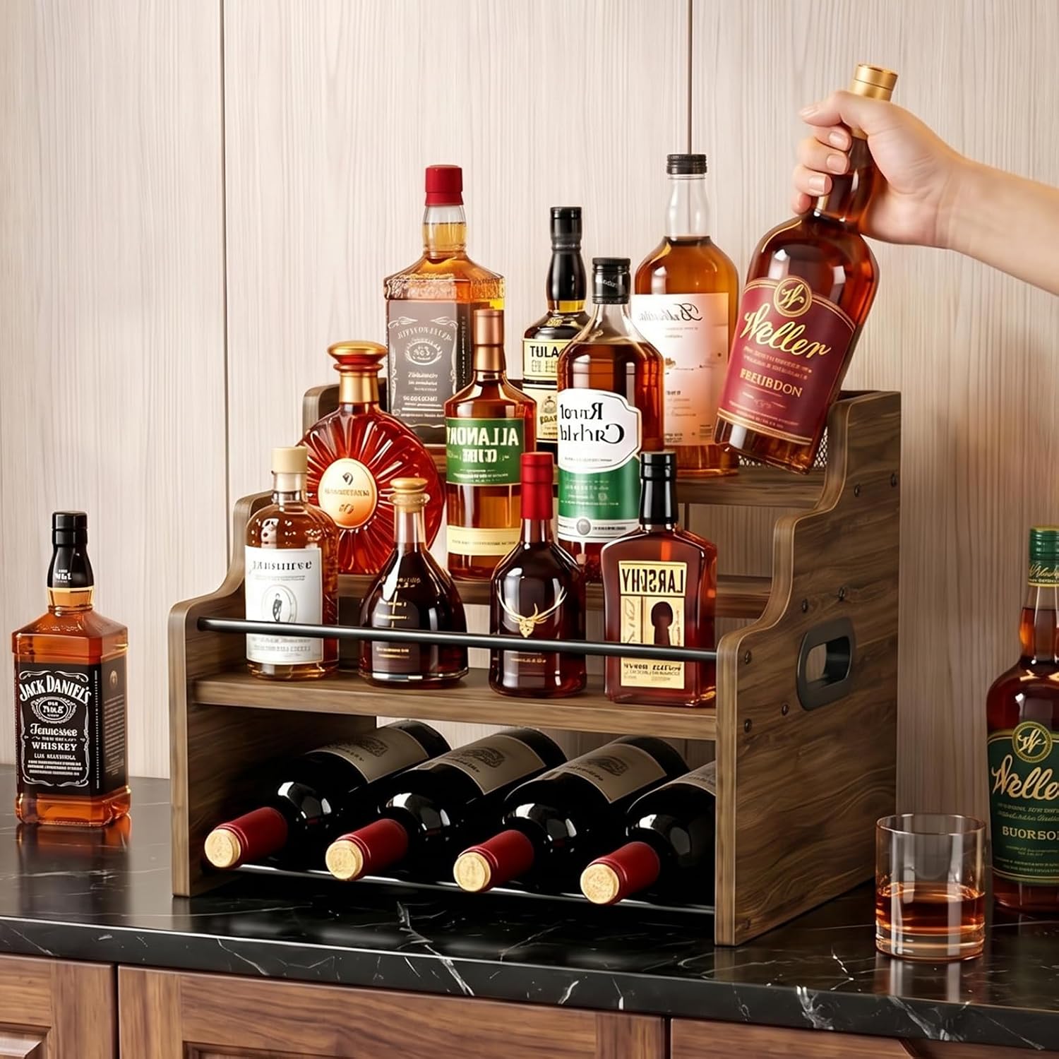 4-Tier Wood Display Shelf Wine Rack for 16 Bottles Wood Coffee Syrup Organizer with Handles Home Whiskey Shelf Retro Mini Liquor Cabinet Spice Rack Coffee Bar Shelves, Walnut