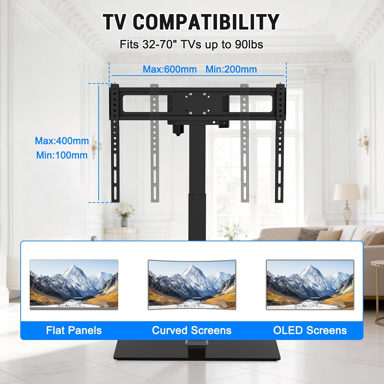 XINYAO Motorized Table Top TV Stand for 32-70 inch Universal TVs, Electric Height Adjustable Desk Monitor Lift Mount with Tempered Glass Base, Holds up to 90lbs, Max VESA 600x400mm